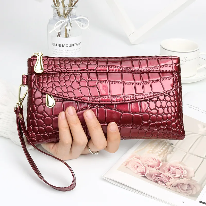 Long Wallet for Women, Shiny PU Leather, Crocodile Pattern, Phone Pouch - 2