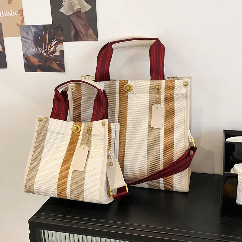 Canvas Tote Bag for Women, Striped Shoulder Bag for Commute & Work - 5
