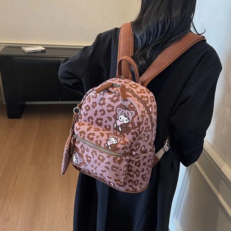 Cute Cartoon Leopard Print Backpack Women Canvas Large Capacity - 3