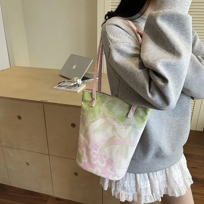 Green & Pink Canvas Tote Bag for Women, Large Capacity Simple Commuter Bag - 5