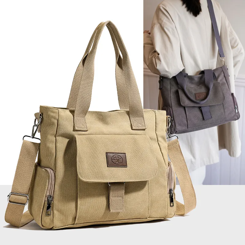 Canvas Tote Bag with Zipper Closure, Retro Style for Commute & Casual Use - 4