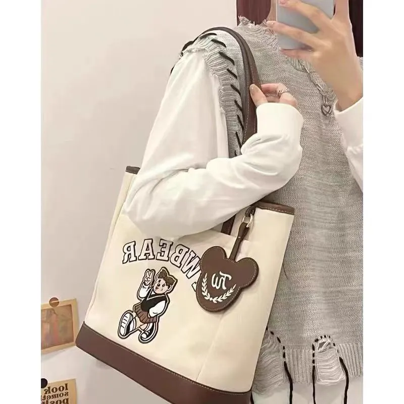 Canvas Tote Bag with Bear Embroidery, Large Capacity for School & Commute - 3