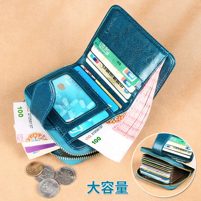 Leather Card Holder Wallet Women's Compact Multi Card RFID Blocking Foldable - 3