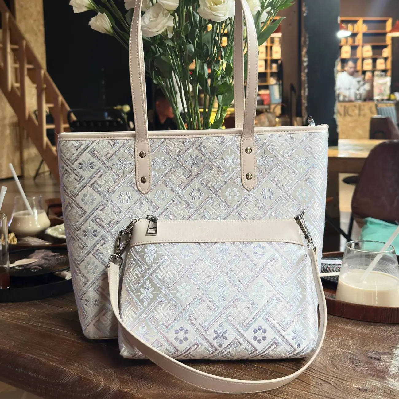 Zhuang Brocade Tote Bag, Silver White Ethnic Crossbody Bag for Women - 1