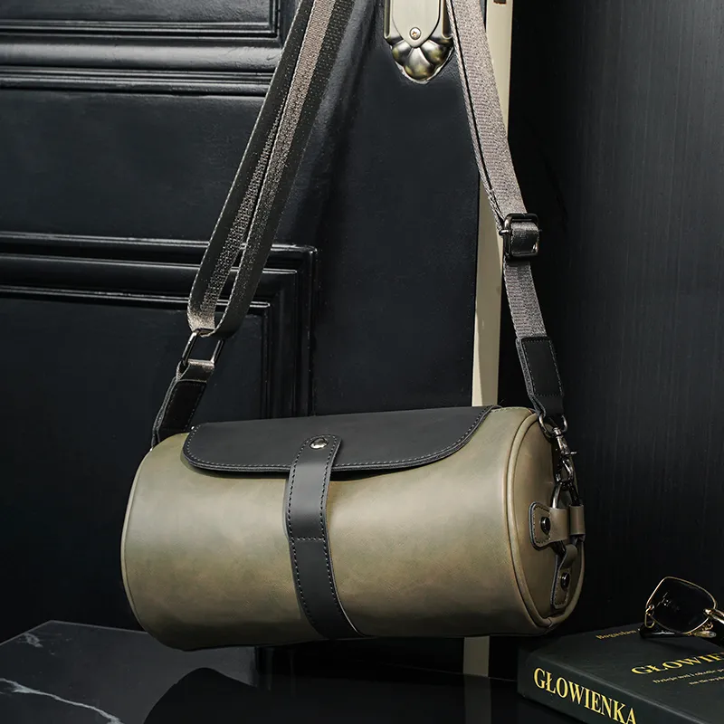 Men's Shoulder Bag 2023 Retro Crossbody Sling Backpack PU Cylinder - 4