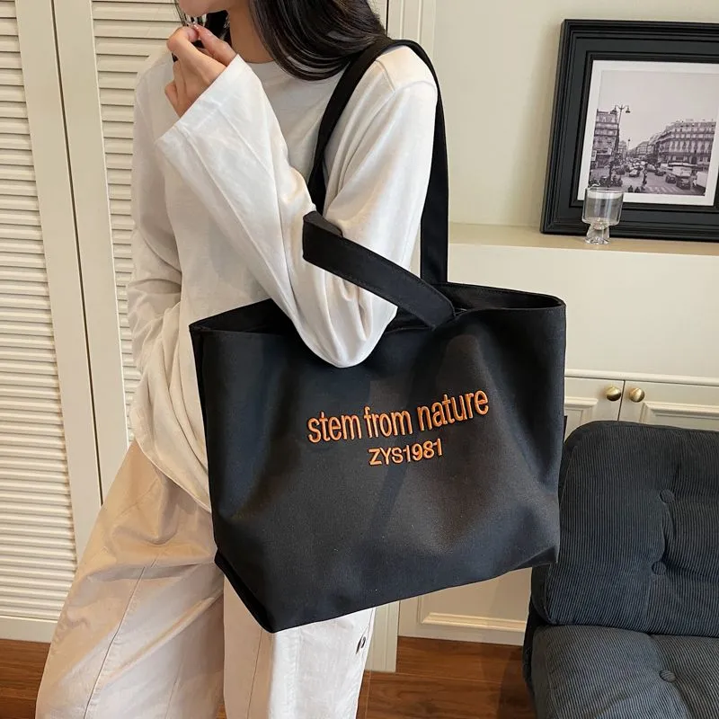 Canvas Tote Bag with Letter Embroidery, Large Capacity Commuter Bag - 2