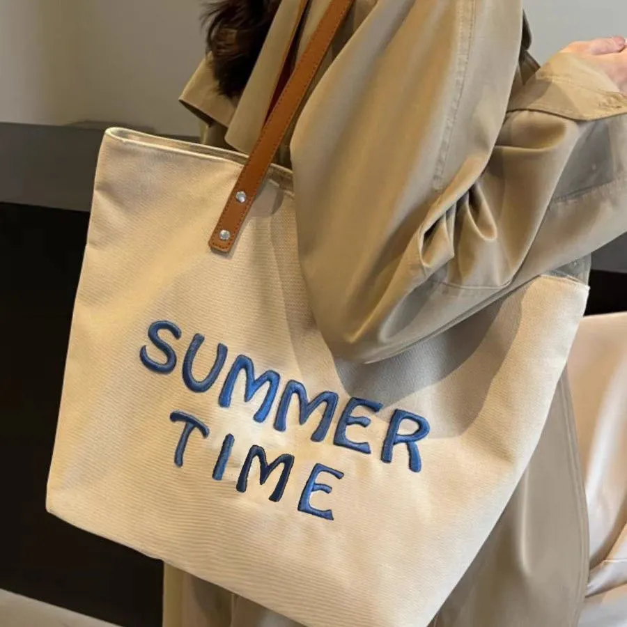 Embroidered Letter Canvas Tote Bag Large Capacity Commuter Shoulder Bag - 3