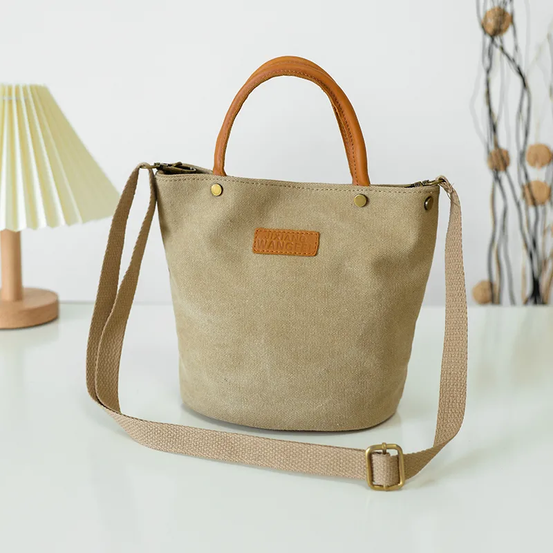 Canvas Bucket Bag with Leather Trim, Minimalist Tote for Commute & Lunch - 1