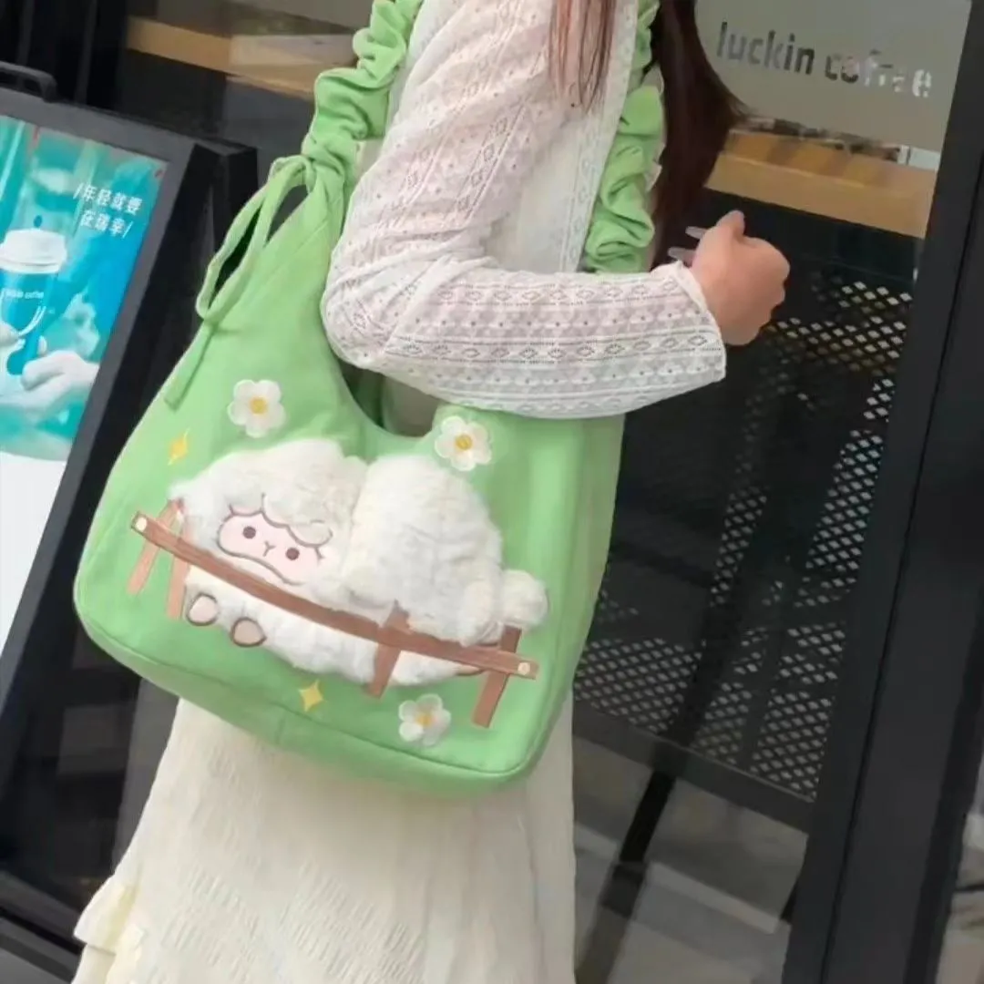 Faux Fur Garden Lamb Shoulder Bag 2024 Cute Canvas Tote for Students - 1