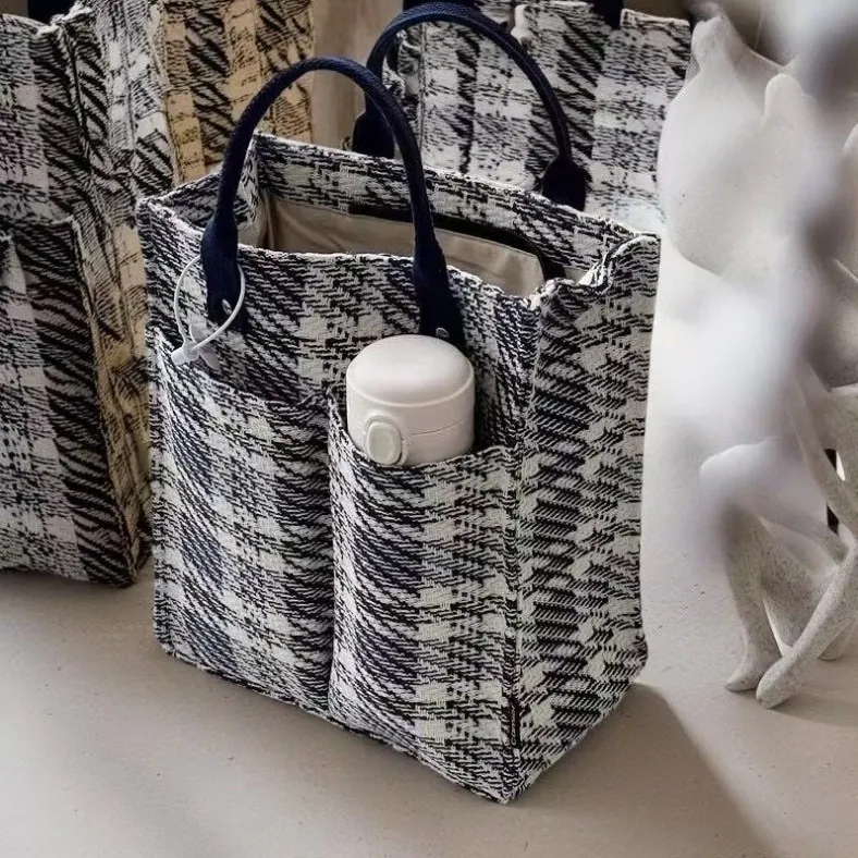 Japanese Retro Plaid Canvas Bag, Large Capacity Women's Tote for Work - 4
