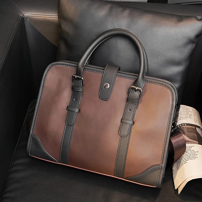 Men's Leather Briefcase, Retro Shoulder Bag for 13 Inch Laptop, Coffee - 1