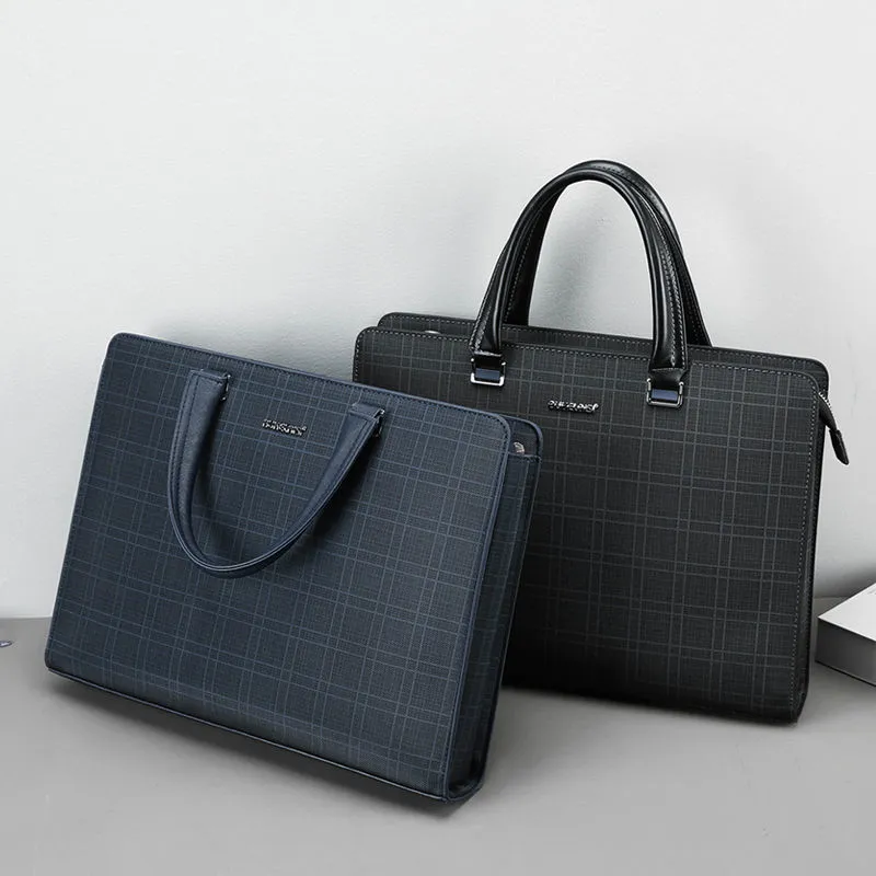 Men's Checkerboard Briefcase, Laptop Bag for Business Travel, Gray & Blue - 1