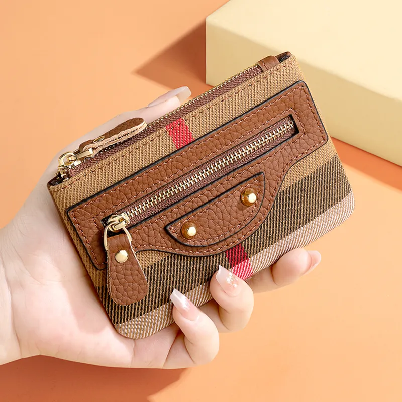 Mini Slim Coin Purse Women's Genuine Leather & Canvas Retro Plaid Key Wallet - 3