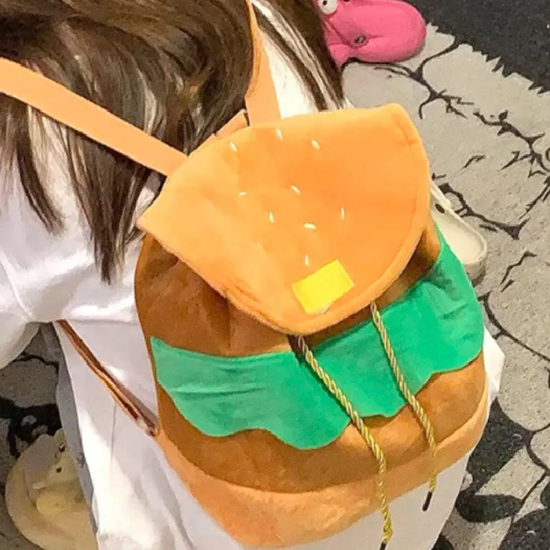 Cute Plush Color Block Hamburger Backpack Large Capacity School Bag for Girls - 3
