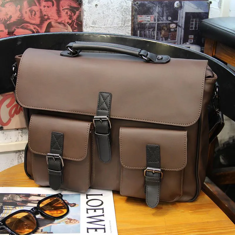 Men's Shoulder Bag Large Capacity Crossbody Bag Brown Leather Briefcase - 1