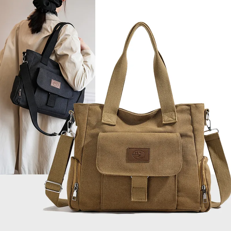 Canvas Tote Bag for Work, Large Capacity Shoulder Bag with Zipper Closure - 1