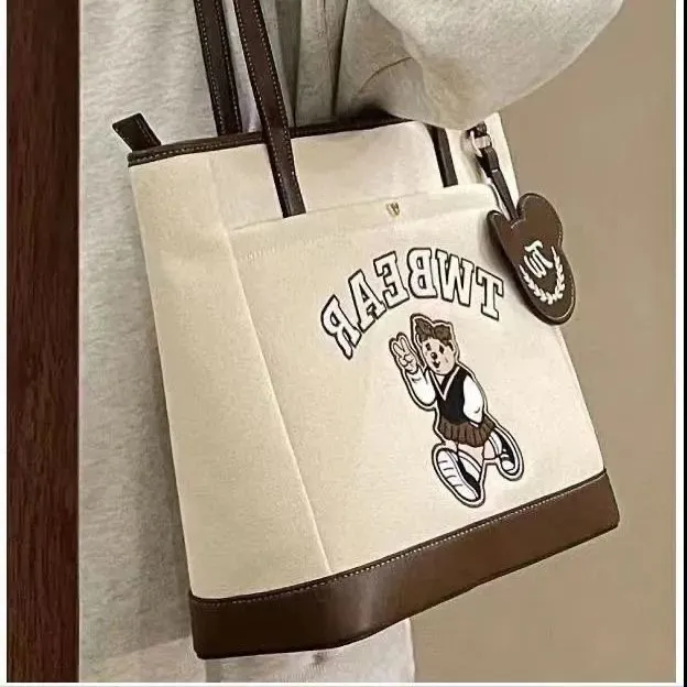 Canvas Tote Bag with Bear Embroidery, Large Capacity for School & Commute - 5