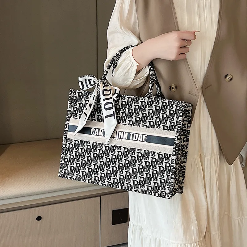 Stylish Canvas Tote Bag 2023 Large Capacity Shopper with Embroidery - 3