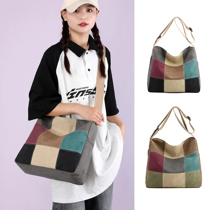 Color Block Shoulder Bag, Lightweight Canvas Tote for Women, High-Quality Commuter Bag - 2