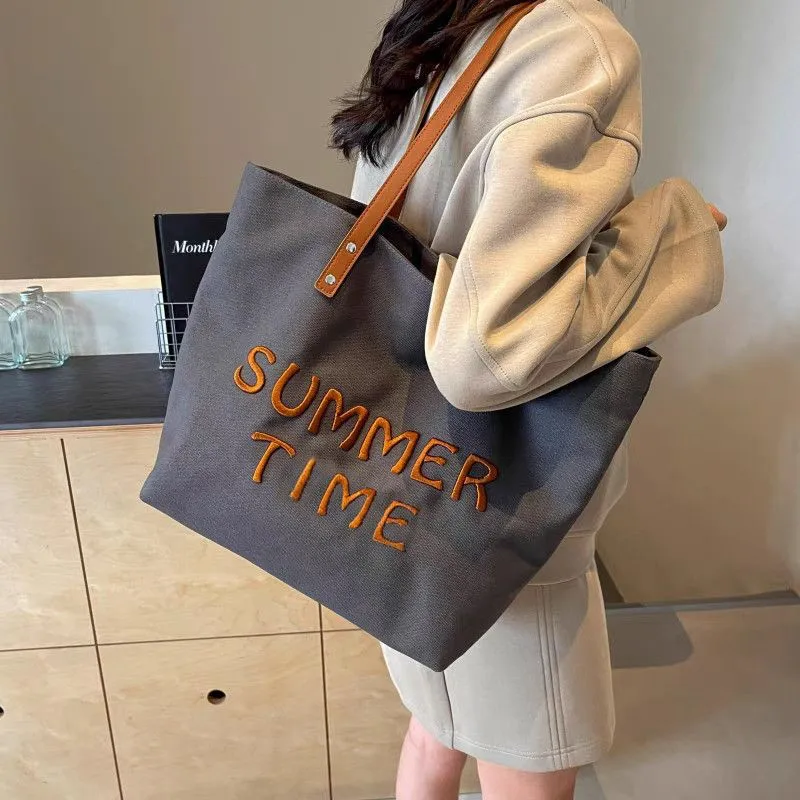 Embroidered Letter Canvas Tote Bag Large Capacity Commuter Shoulder Bag - 5