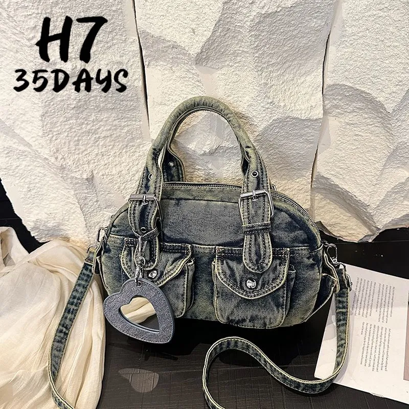 H7 Vintage Washed Denim Crossbody Bag with Multiple Pockets - 1