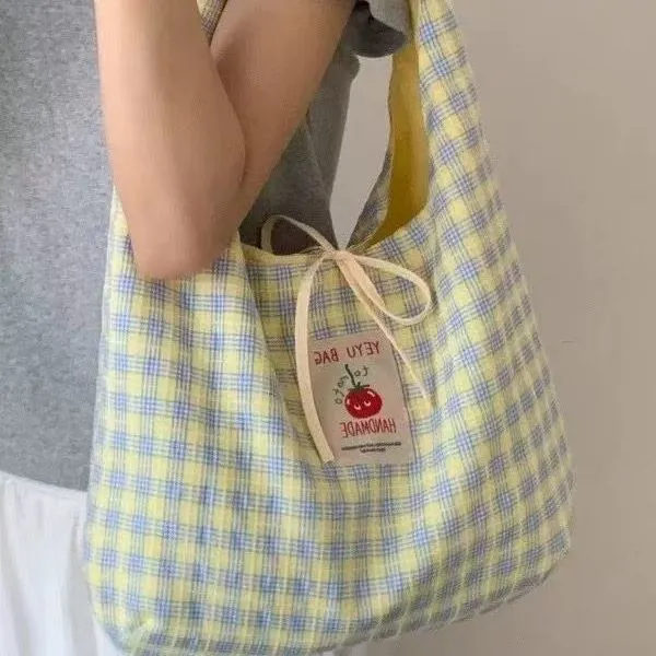Plaid Tote Bag Large Capacity Canvas Shoulder Bag for School Commute - 3