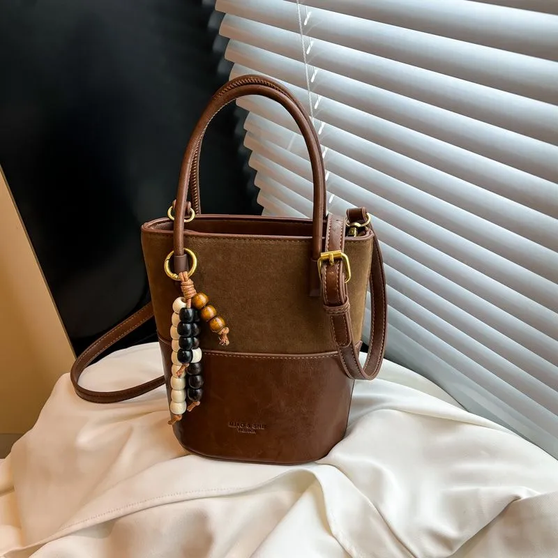 Retro Bucket Bag Matte Crossbody Bag for Women, Color Block - 2