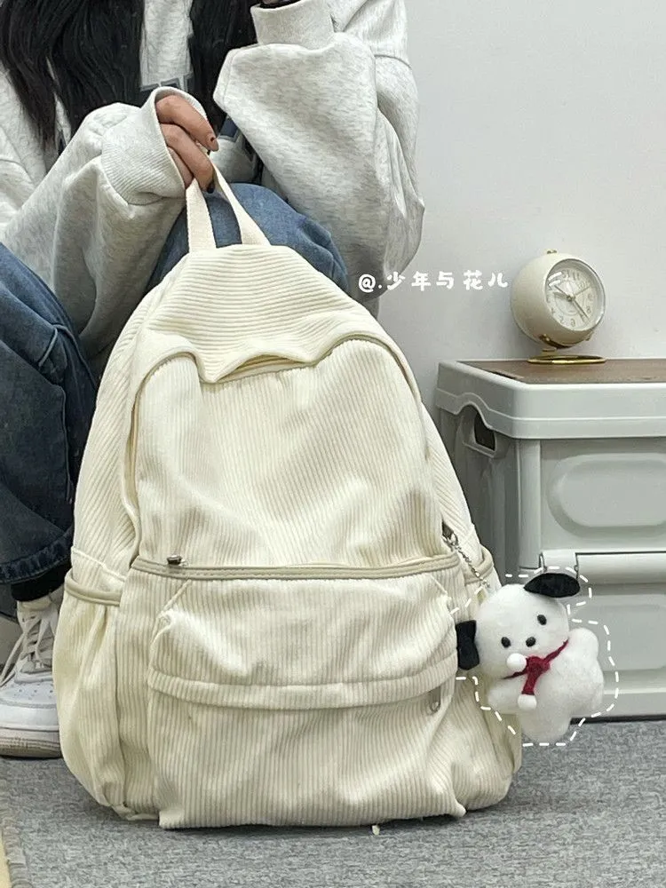 Corduroy Backpack for Women, Minimalist Lazy Style Student Rucksack - 2