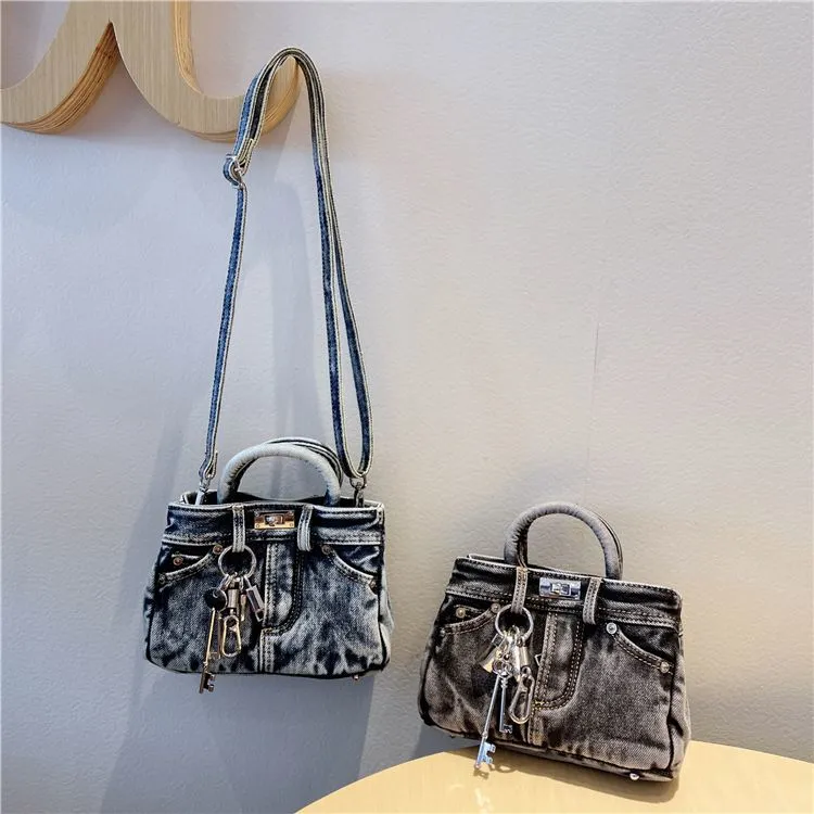 Denim Lock Buckle Bag 2024 Summer Square Shoulder Crossbody Purse - 4