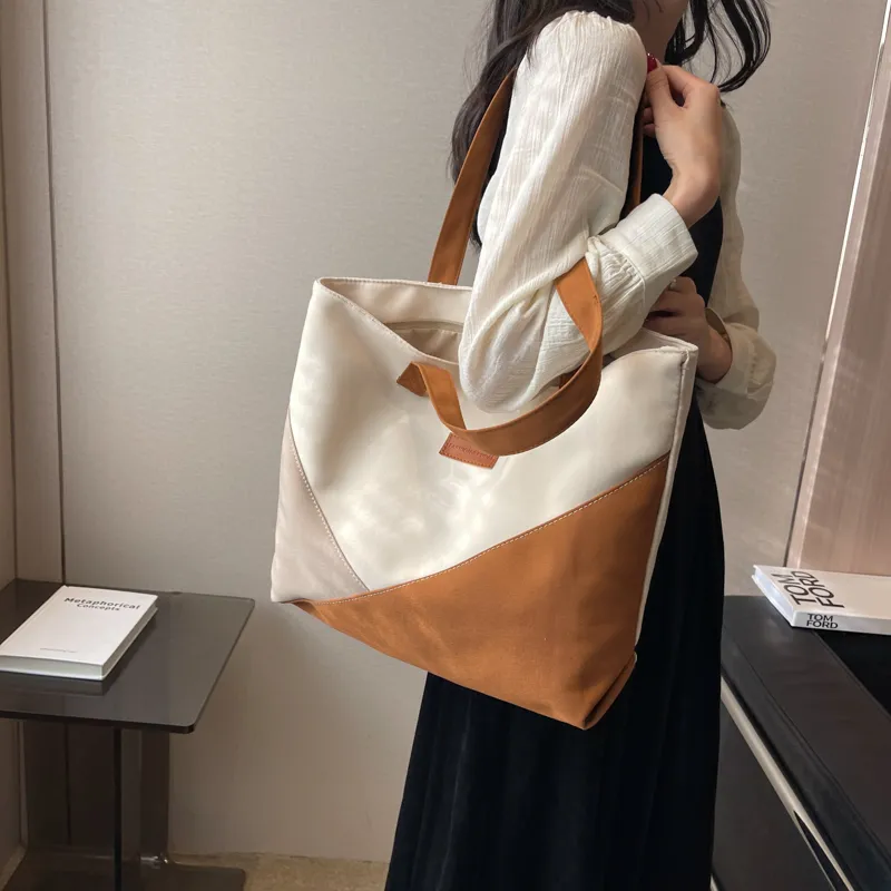 Canvas Tote Bag Women 2023 New Color Block Shoulder Handbag - 2