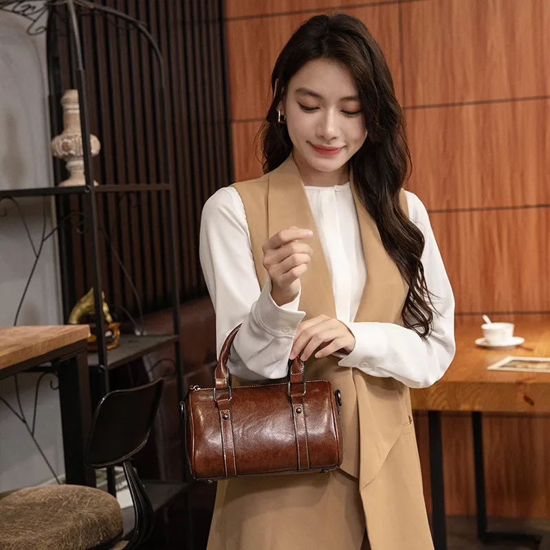 Leather Boston Bag for Women 2025, Vintage Crossbody Shoulder Bag - 4