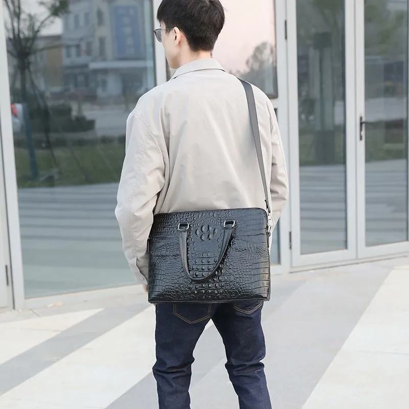 Men's Crocodile Leather Briefcase, 13 Inch Laptop Bag, Crossbody Messenger Bag - 4