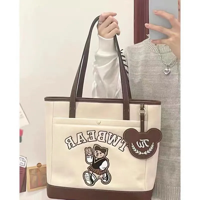 Canvas Tote Bag with Bear Embroidery, Large Capacity for School & Commute - 4