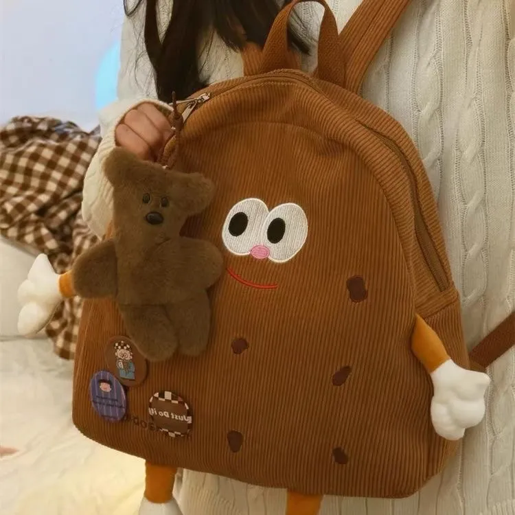 Cookie Backpack Women Cute Corduroy Plush Cartoon Rucksack - 5