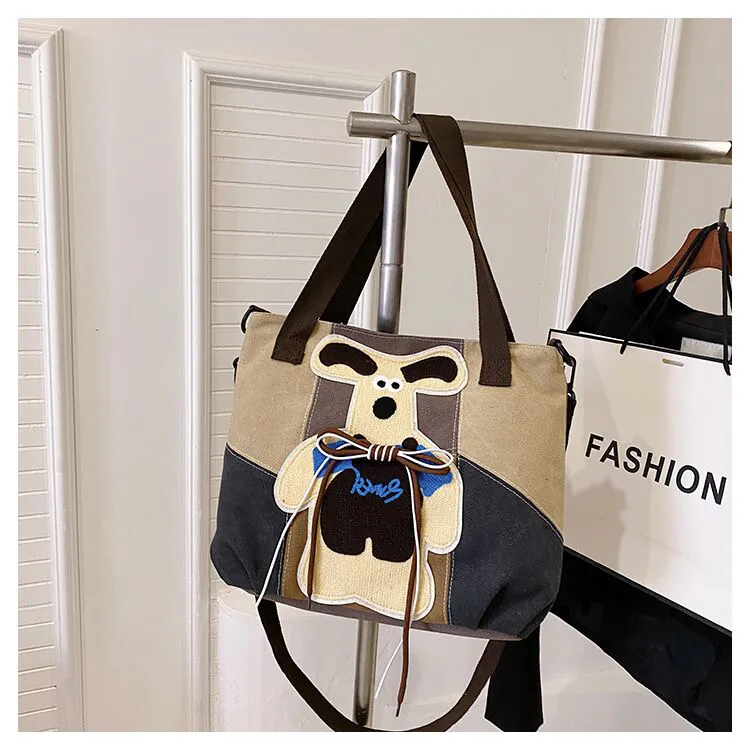 Vintage Canvas Crossbody Bag with Dog Print, Large Capacity Tote - 2