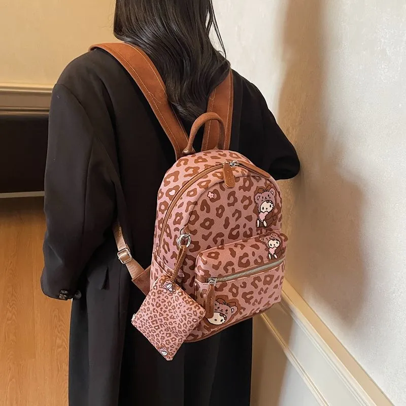 Cute Cartoon Leopard Print Backpack Women Canvas Large Capacity - 2