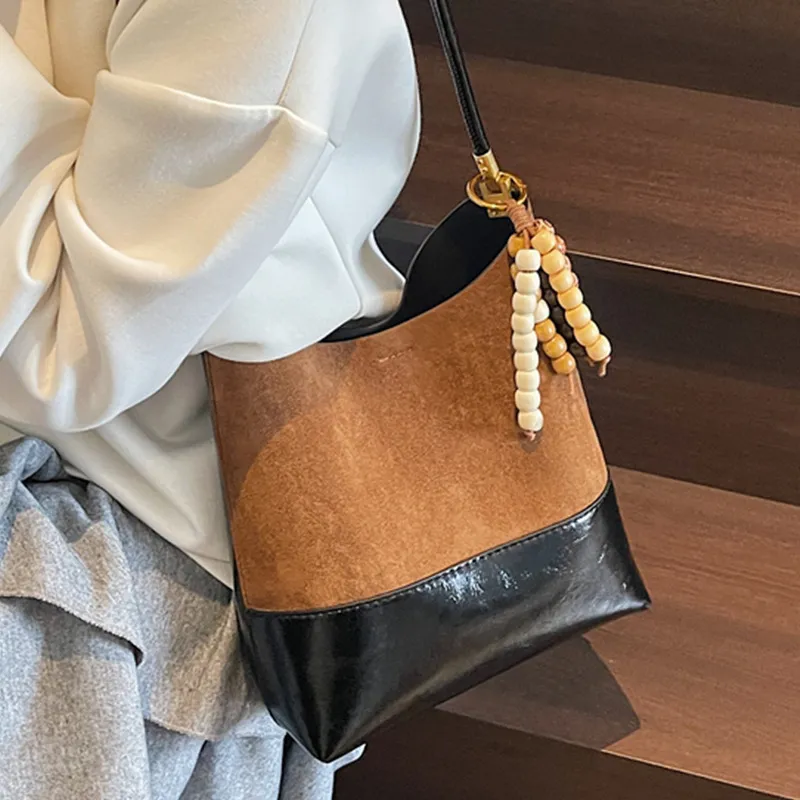 Suede PU Retro Shoulder Bag 2025 Large Capacity Bucket Bag - 5