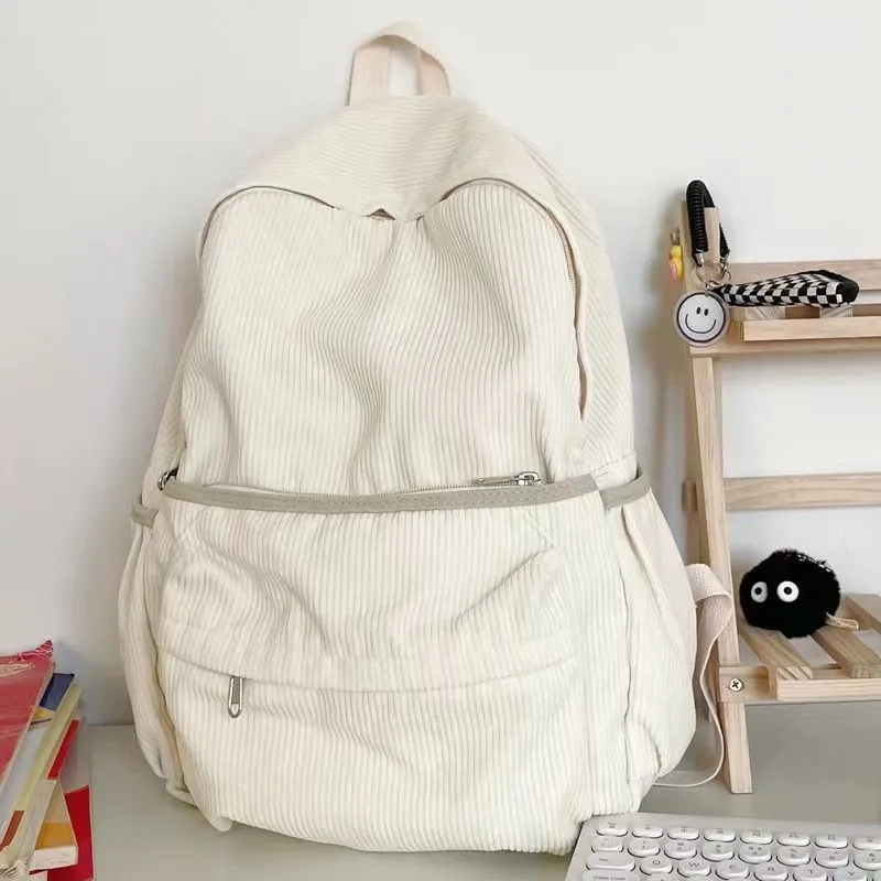 Corduroy Backpack for Women, Minimalist Lazy Style Student Rucksack - 4
