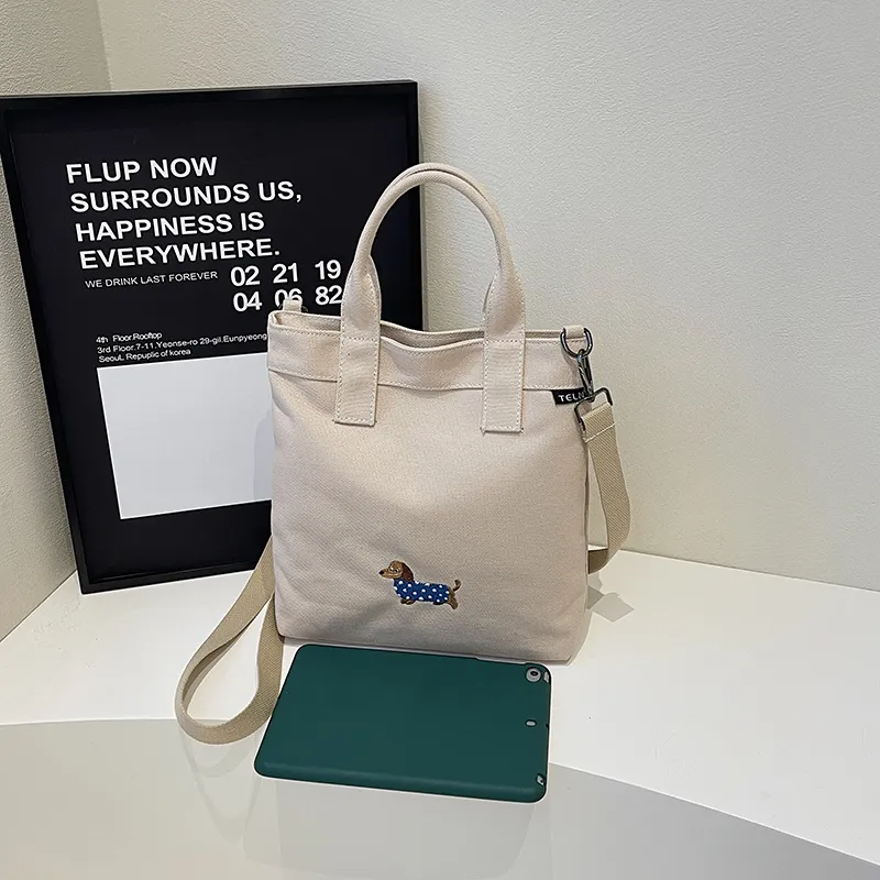 Canvas Tote Bag for Women 2025 Dachshund Embroidery Large Capacity Shoulder Bag - 4