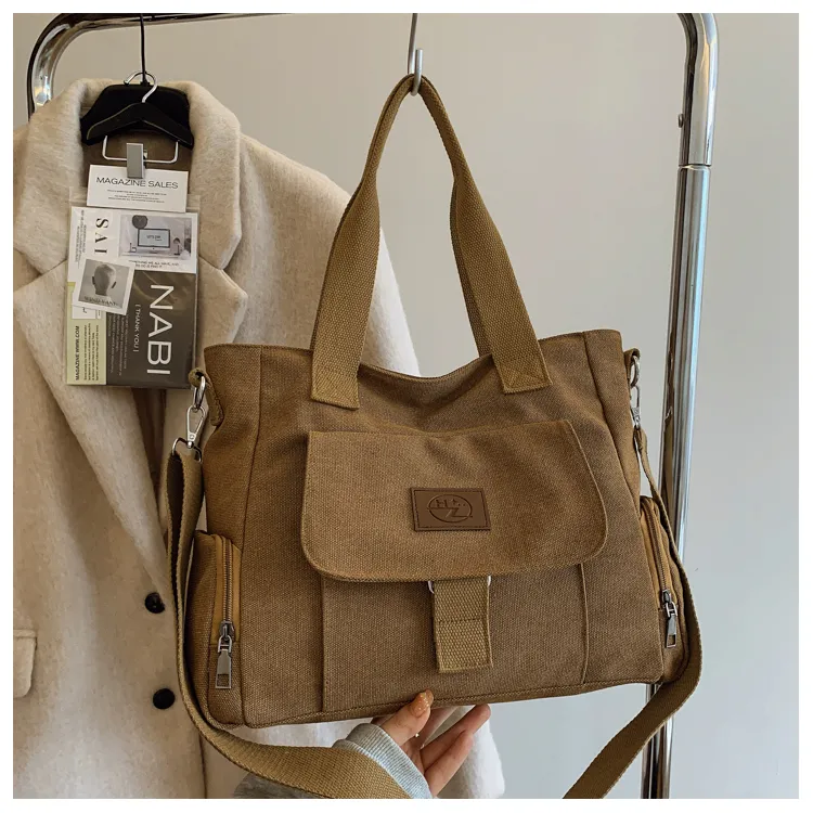 Canvas Tote Bag with Zipper Closure, Retro Style for Commute & Casual Use - 1