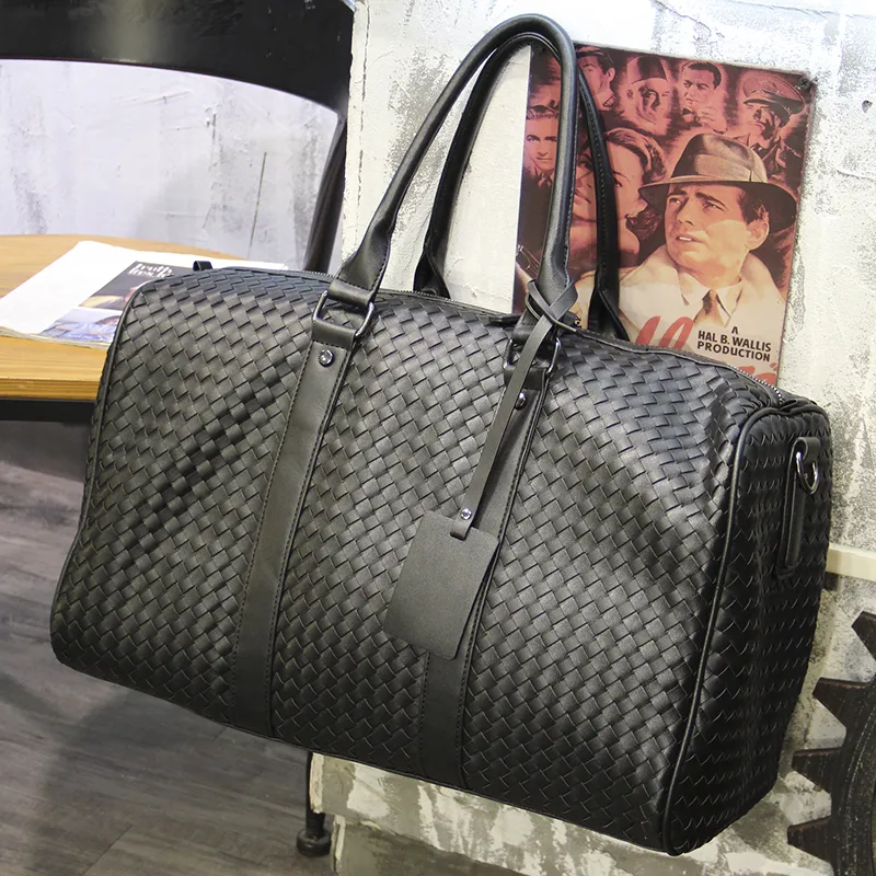 Men's Woven Leather Briefcase, Large Capacity Travel Bag for Business - 1