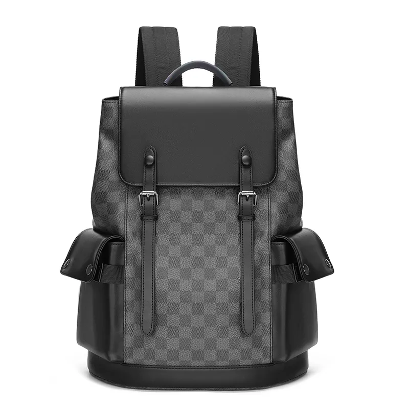 Men's Checkerboard Backpack Large Capacity Laptop Travel Bag PU Material - 1