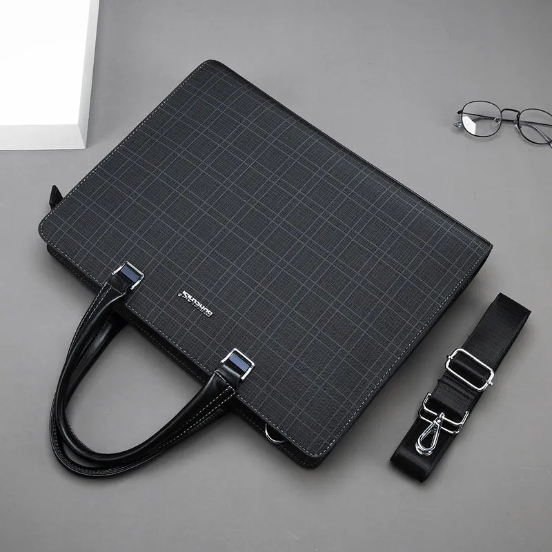 Men's Checkerboard Briefcase, Laptop Bag for Business Travel, Gray & Blue - 2