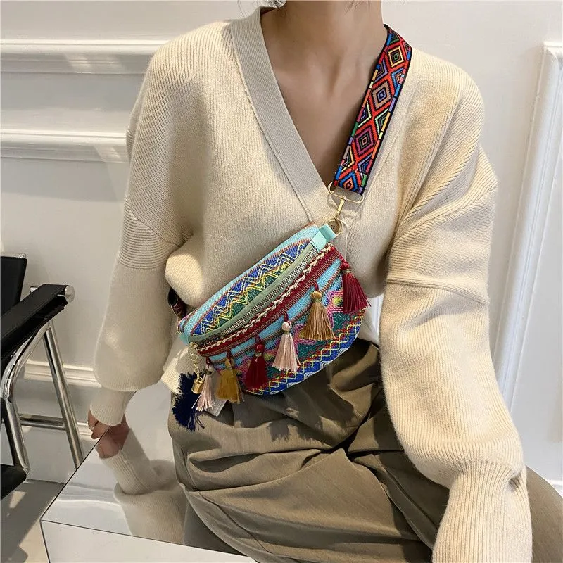 Ethnic Crossbody Phone Bag with Fringe, Retro Shoulder Bag for Women - 2