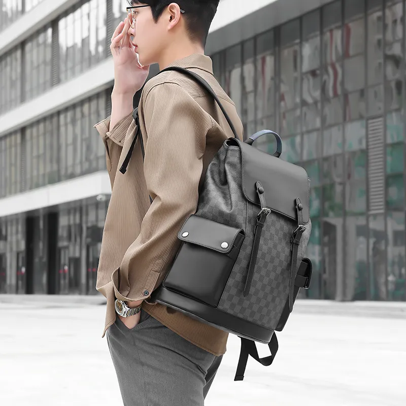 Men's Checkerboard Backpack Large Capacity Laptop Travel Bag PU Material - 3
