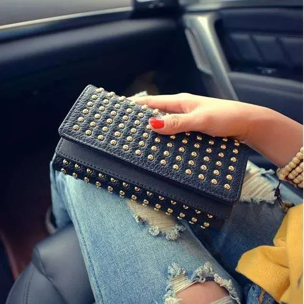 2025 Women's Large Capacity Studded Long Wallet Fashion Double Flap Clutch - 2