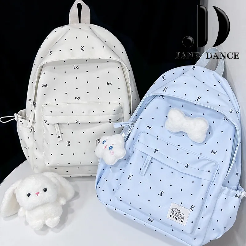 Polka Dot Bow Backpack for Girls, Cute Student Rucksack with Butterfly - 1