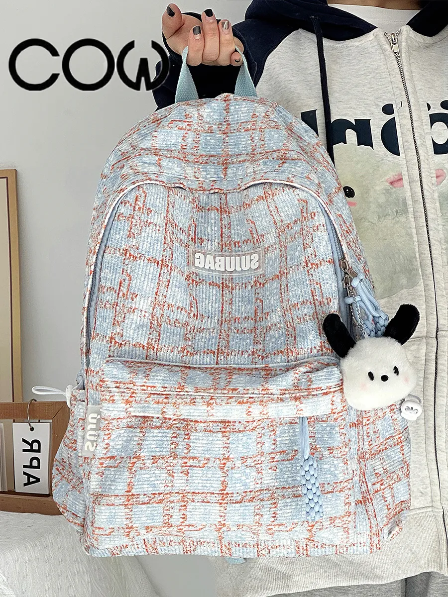 Corduroy Backpack for Women, Cute Japanese Style School Bag with Plaid Pattern - 3