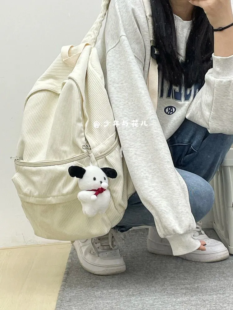 Corduroy Backpack for Women, Minimalist Lazy Style Student Rucksack - 1