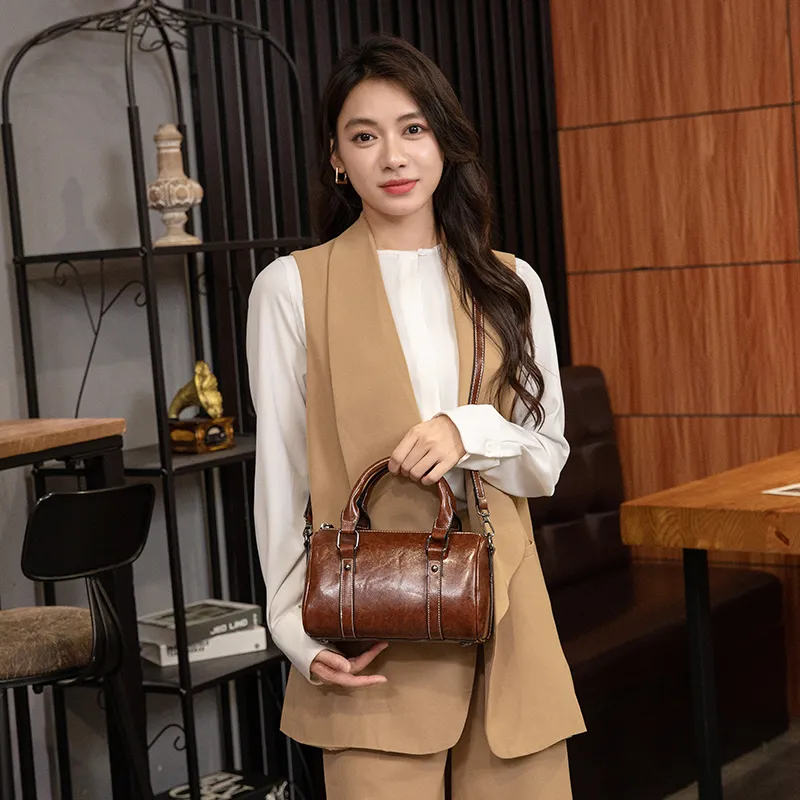Leather Boston Bag for Women 2025, Vintage Crossbody Shoulder Bag - 5